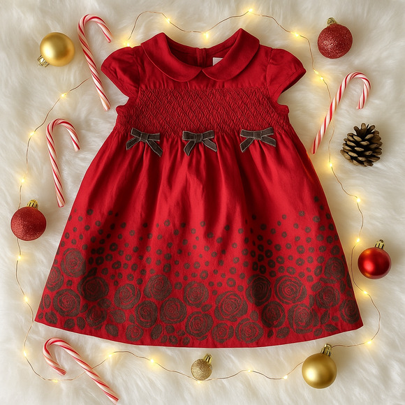🎀 Janie and Jack Baby Girls Red Silk Flocked Dress | Size 12-18 Months - Picture 1 of 9